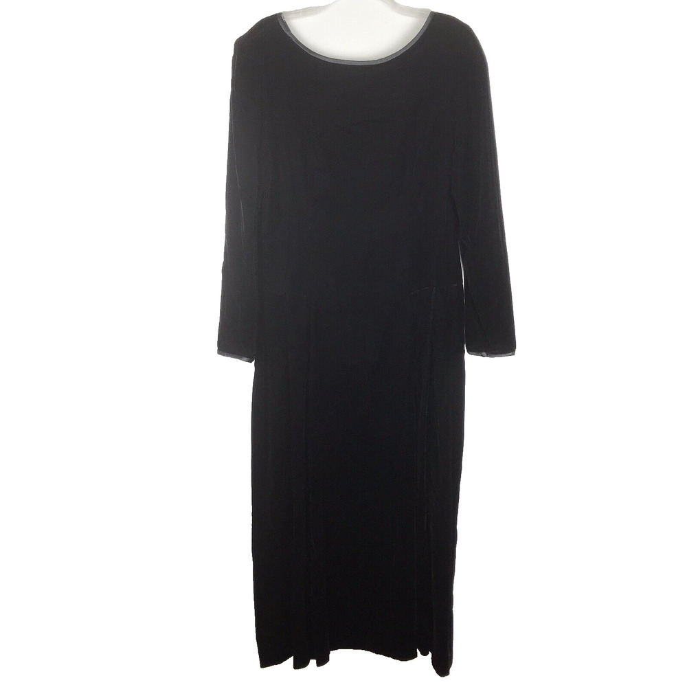 Vintage Maggy London Midi Dress Velvet Long Sleeve Black Pleats V-Back Size 14